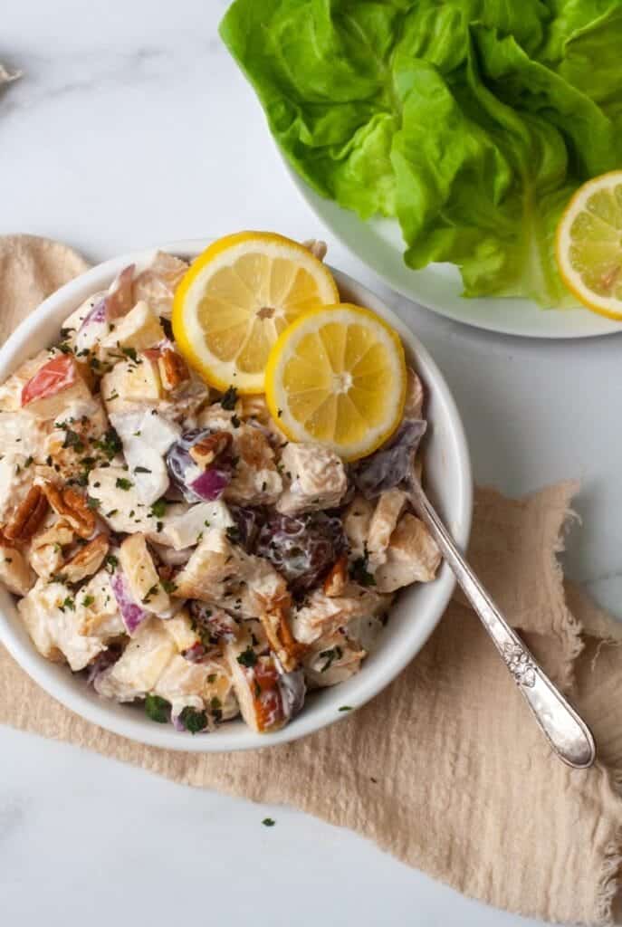 Whole30 Chicken Salad in a white bowl.
