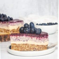 Vegan Blueberry Cheesecake on a white plate.