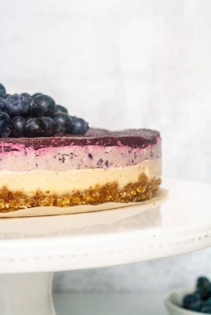 Raw blueberry cheesecake on a white stand.