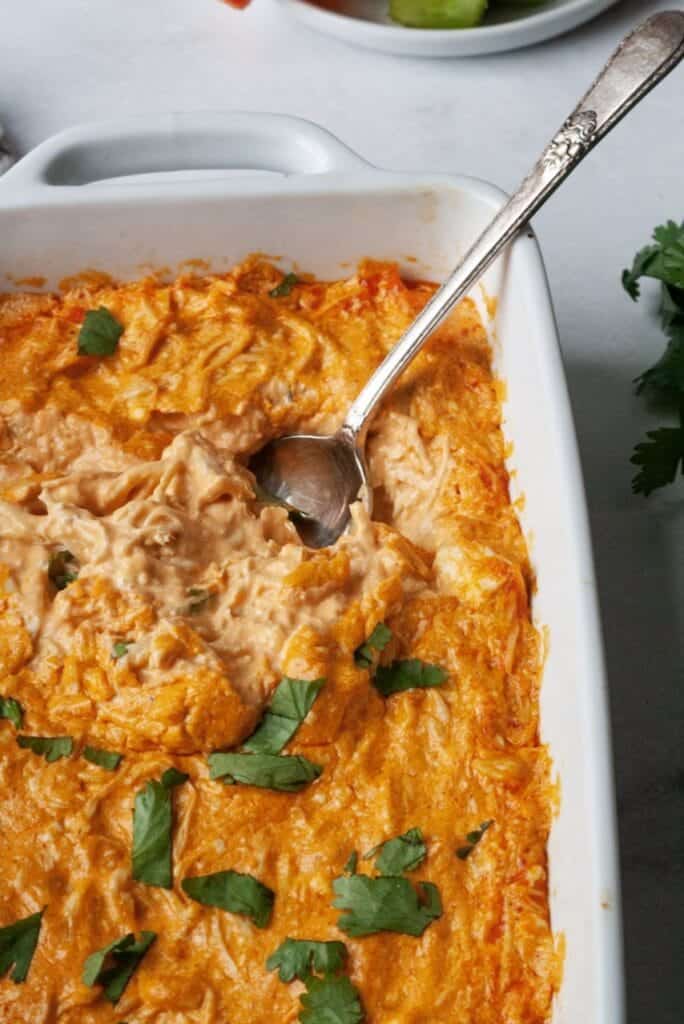 Dairy free buffalo chicken dip with spoon