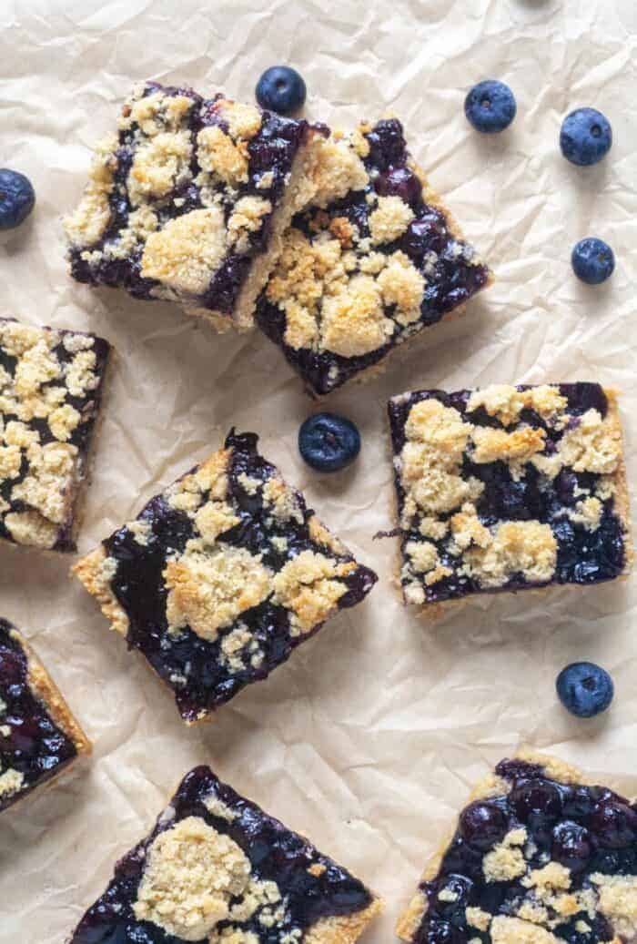 Paleo Blueberry Crumb Bars on a sheet of parchment paper.