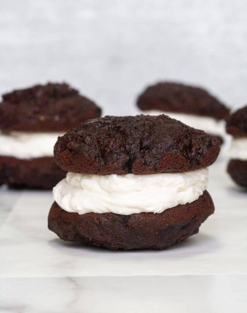 Gluten free whoopie pies with vanilla frosting
