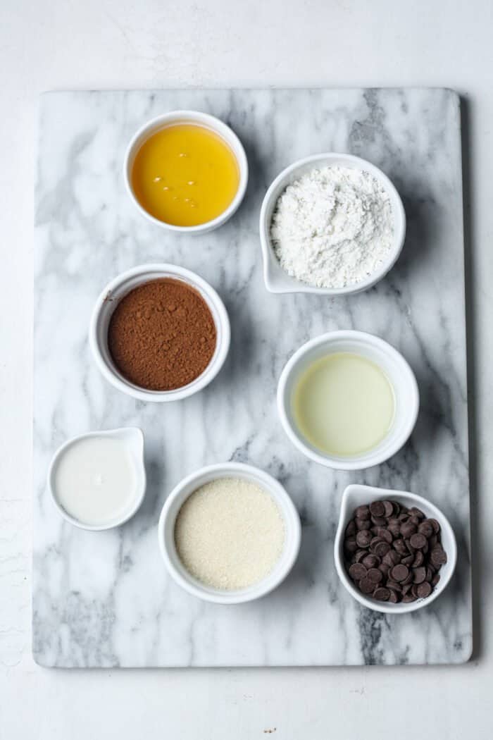 Ingredients in small bowls for brownies