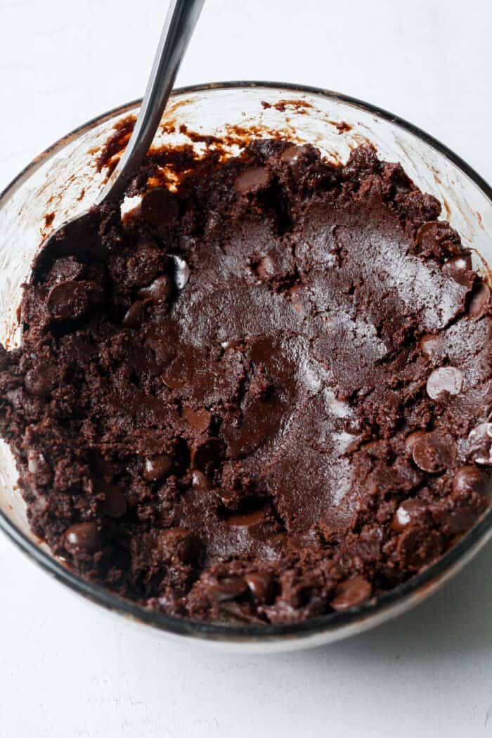Chocolate chip brownie batter in bowl