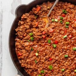 Paleo Sloppy Joes in a cast iron skillet.