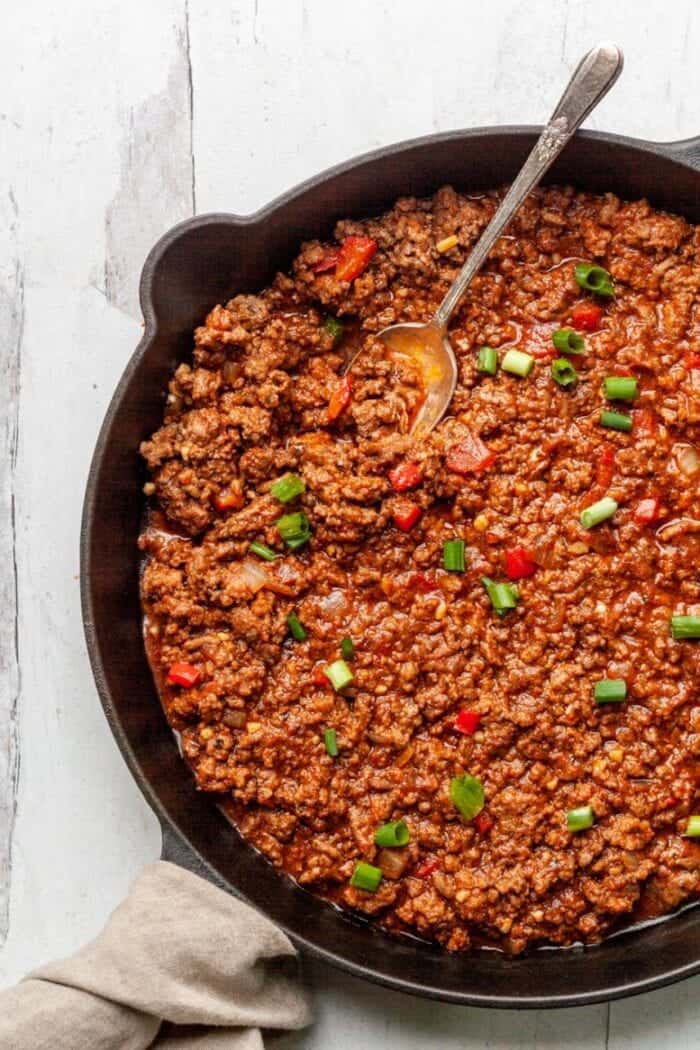 Paleo Sloppy Joes in a cast iron skillet.