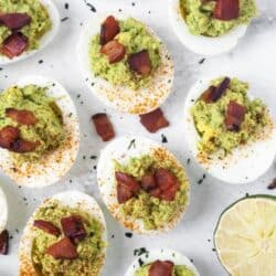 Keto Deviled Eggs with avocado and bacon.