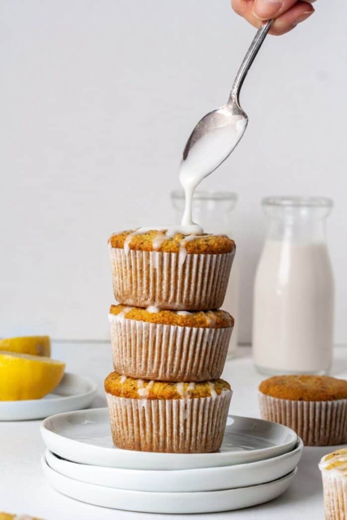Melted coconut butter on Paleo Lemon Poppy Seed Muffins.