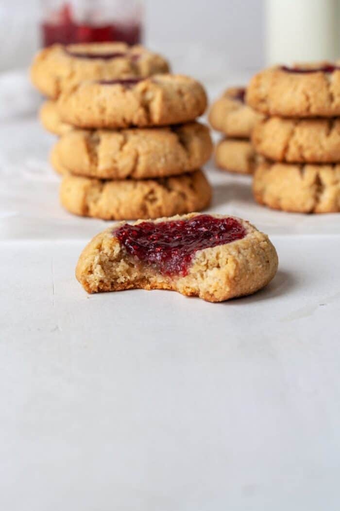 Vegan thumbprint cookies with raspberry jam.