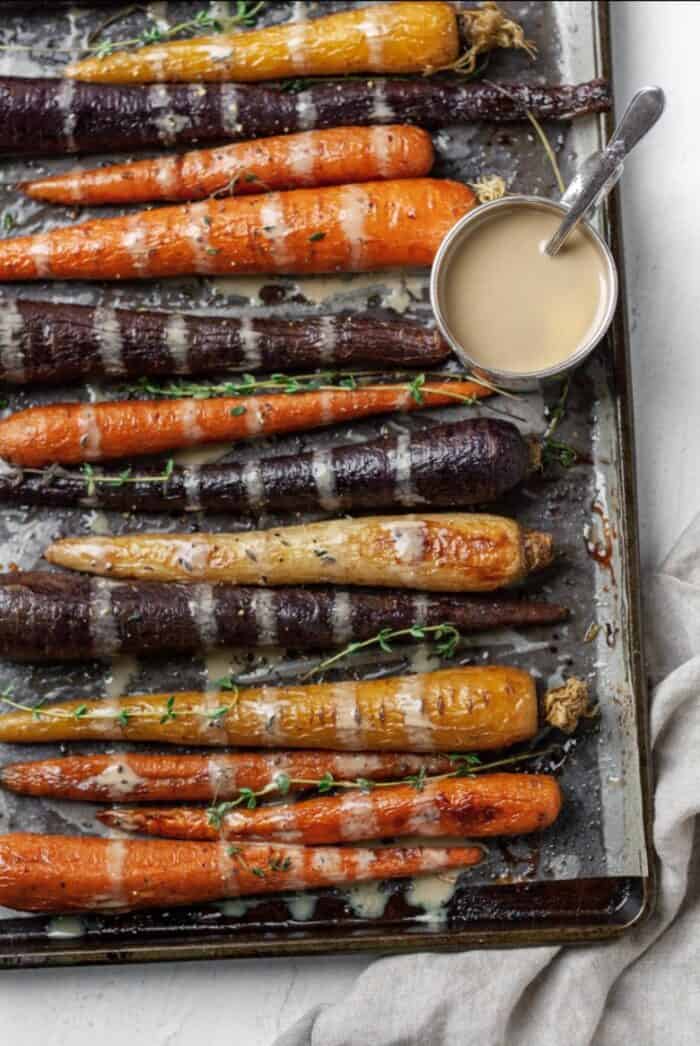 Rainbow carrots with maple tahini sauce.