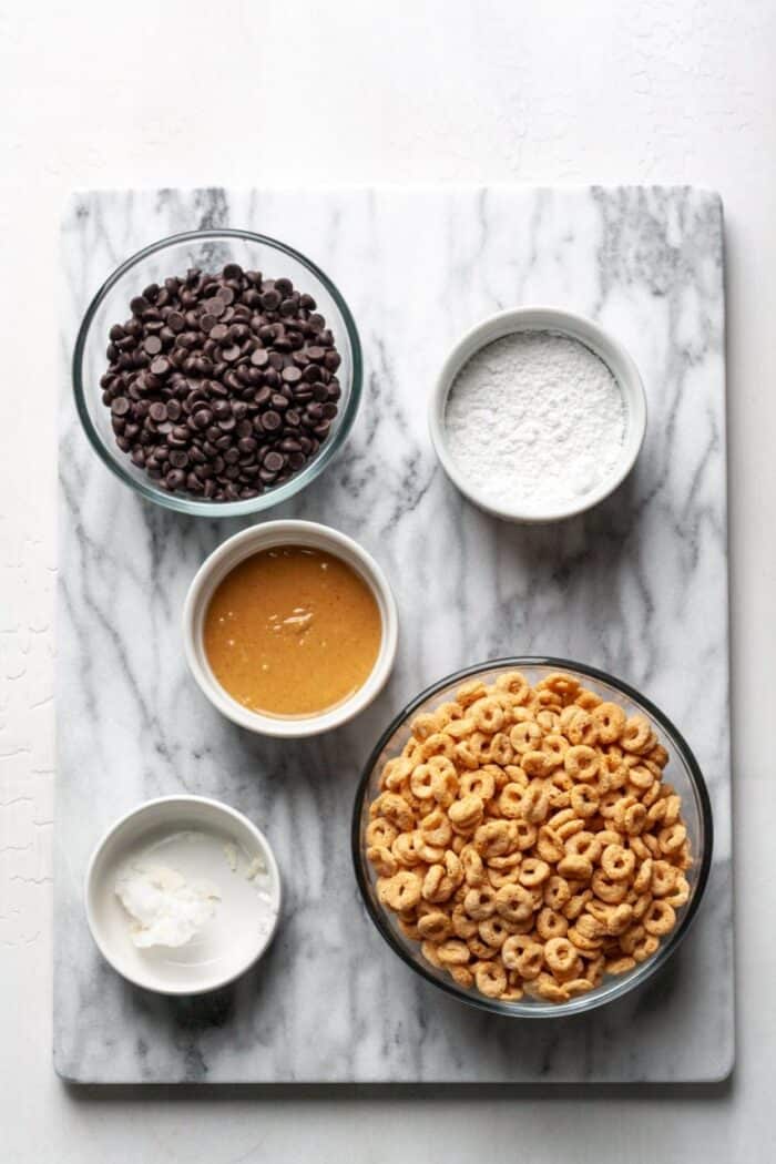 A marble slab with the ingredients for healthy puppy chow.