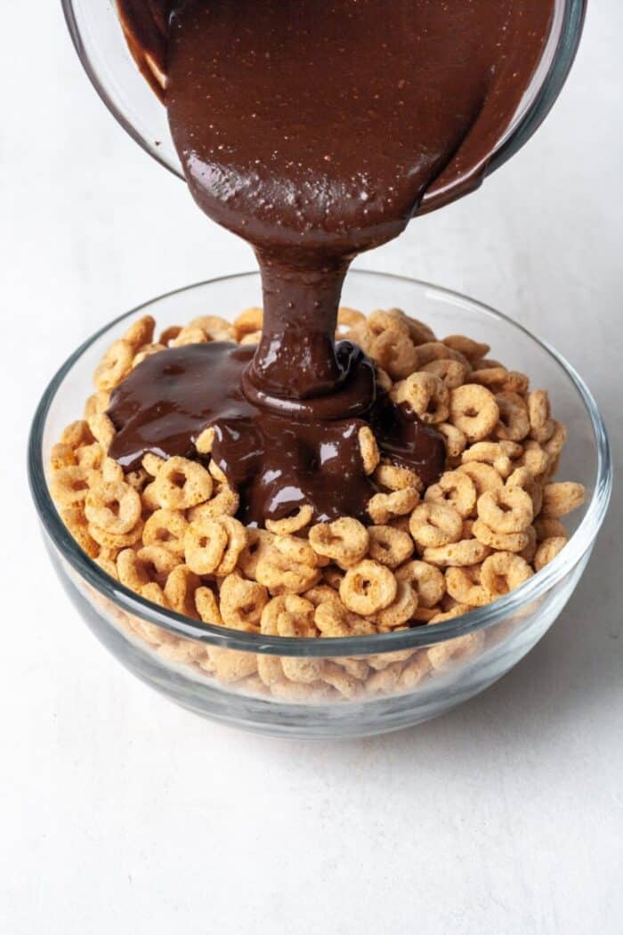 Paleo cereal with melted dark chocolate.