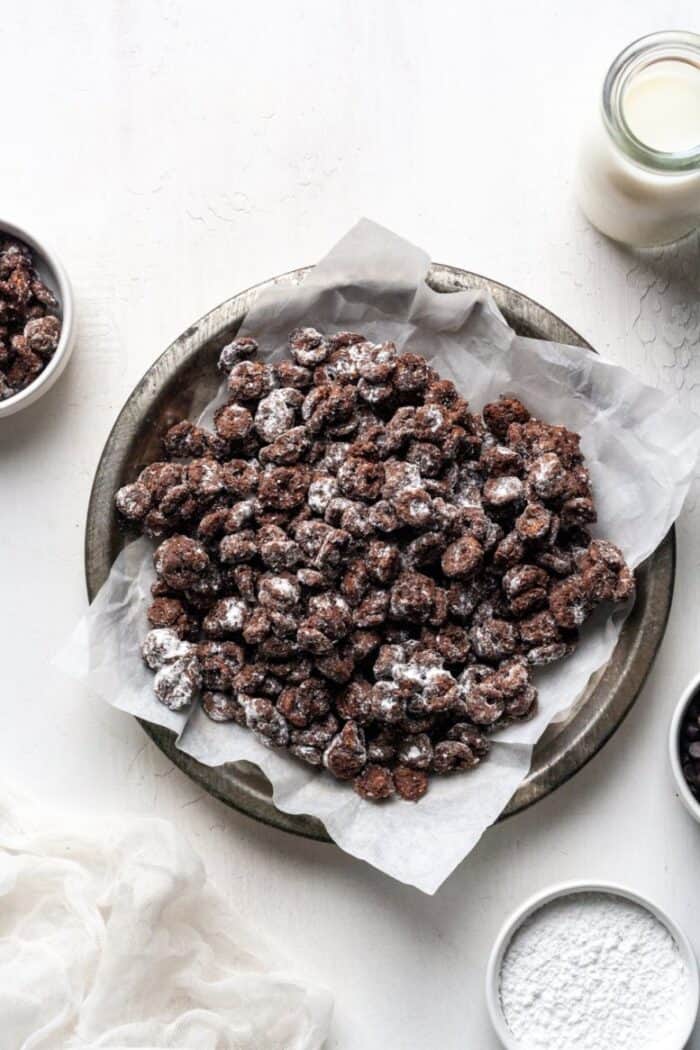 Muddy buddies in a tin bowl.