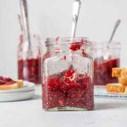 A jar filled with Sugar free jelly made from raspberries and chia seeds.