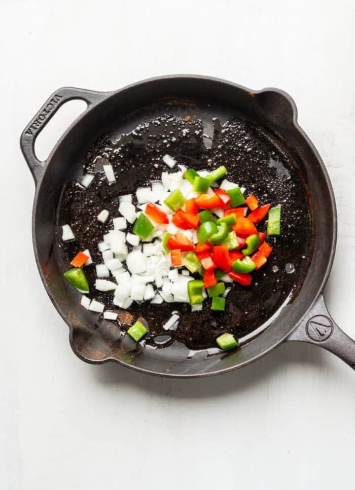 Peppers and onions in a skillet