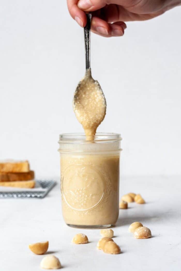 Homemade macadamia nut butter in a blender