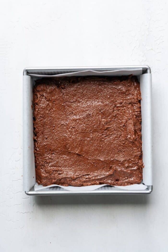 Pan with raw brownie batter