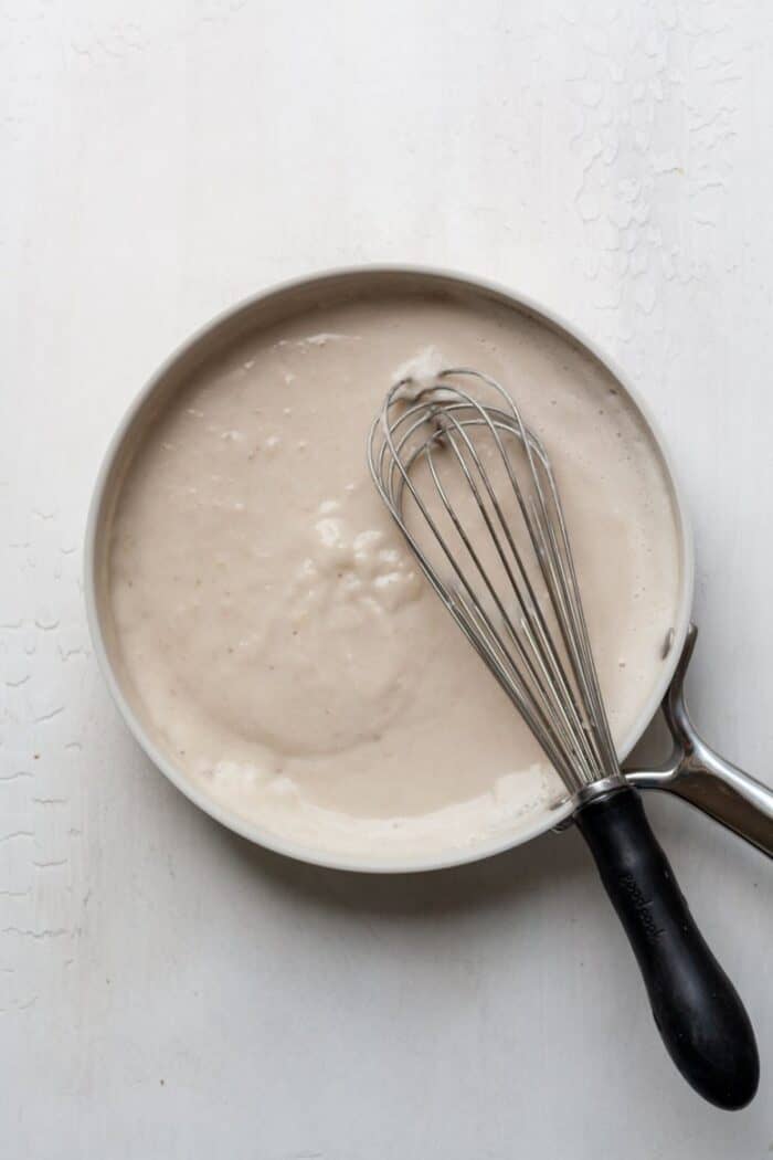White skillet with pudding