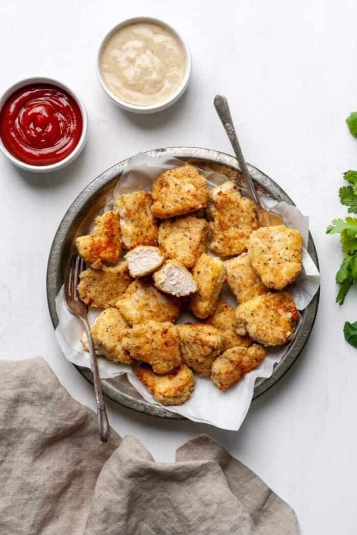 Whole30 chicken nuggets with garlic aioli and ketchup