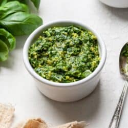 AIP Whole30 pesto with spoon and basil leaves