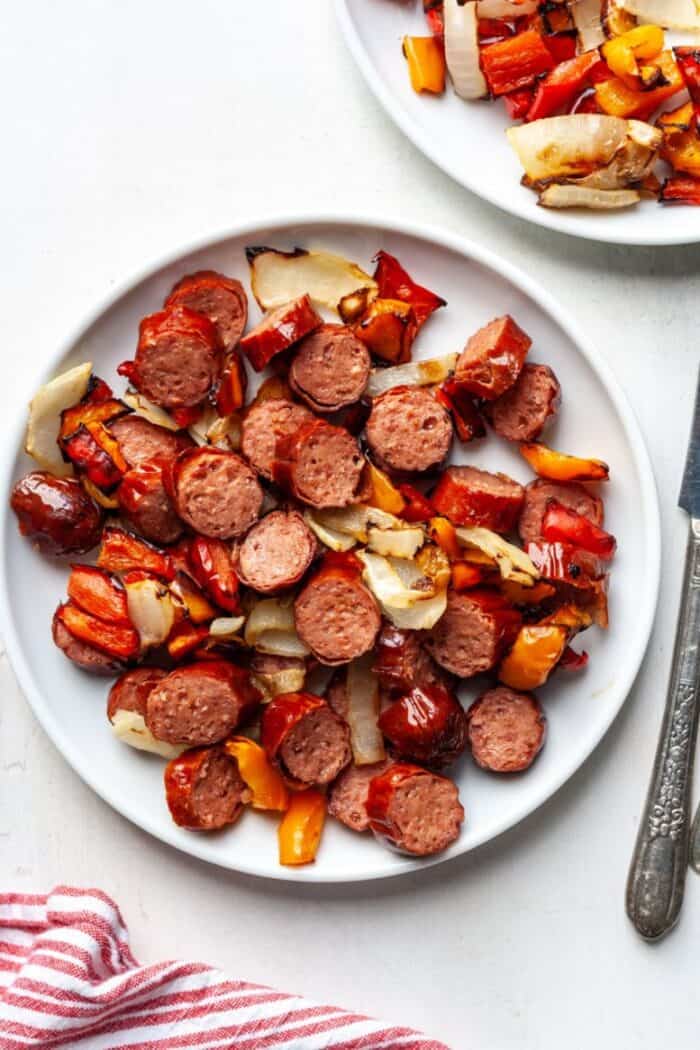 Air fryer Brats with peppers and onions