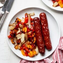 Keto air fryer Bratwurst with peppers and onions