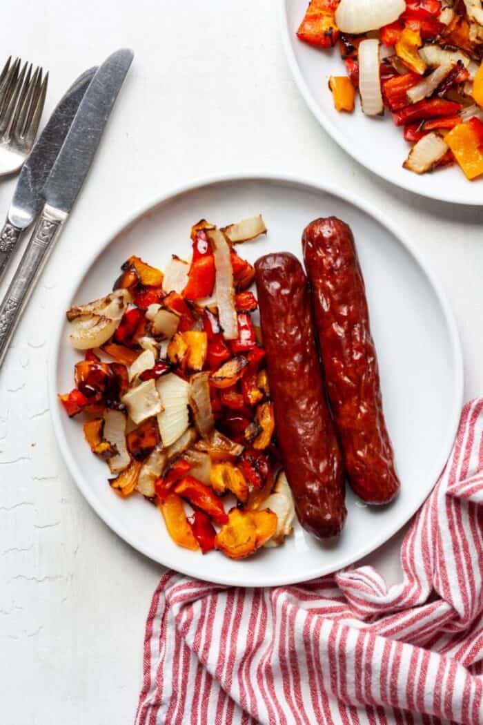 Keto air fryer Bratwurst with peppers and onions