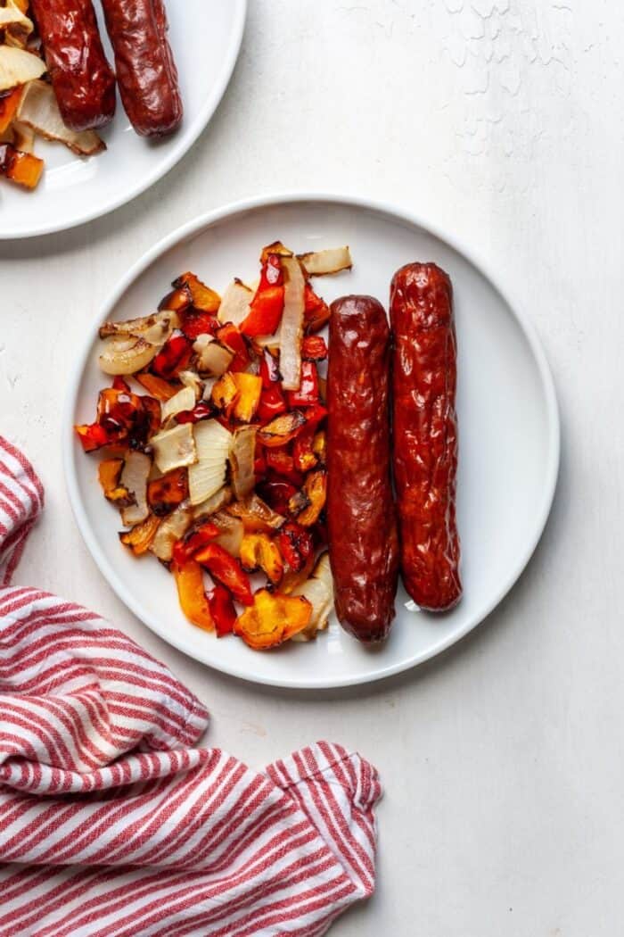 Gluten free Bratwurst with peppers and onions
