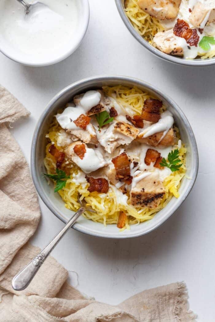 Bowl with spaghetti squash, bacon and chicken