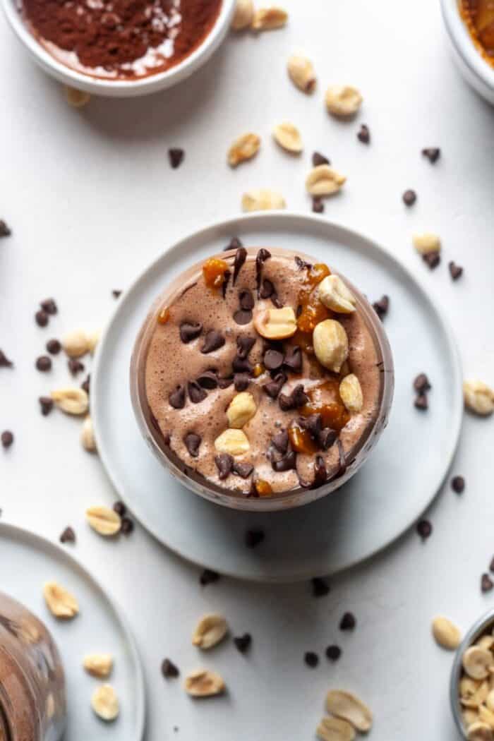Snickers smoothie with peanuts and chocolate chips