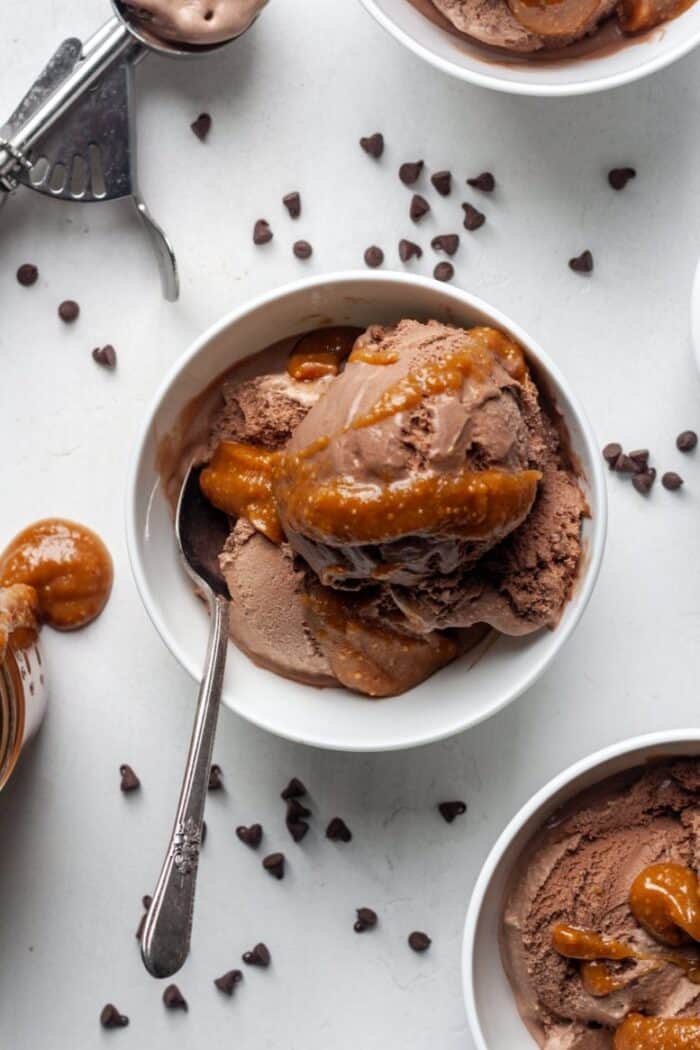 Peanut butter caramel sauce on chocolate ice cream