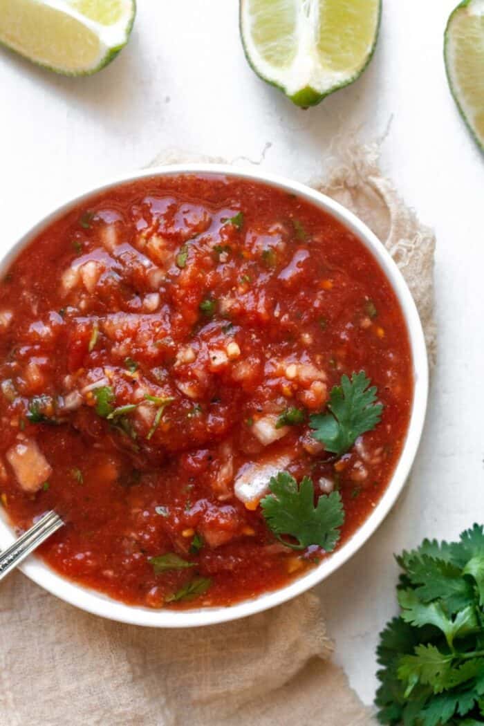 Keto salsa in a white bowl with cilantro