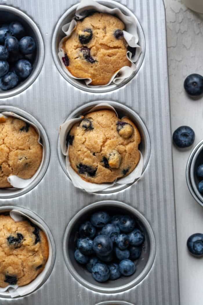 Cassava flour blueberry muffins in muffin pan