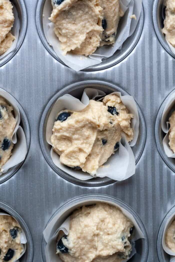 Lemon blueberry muffins in pan