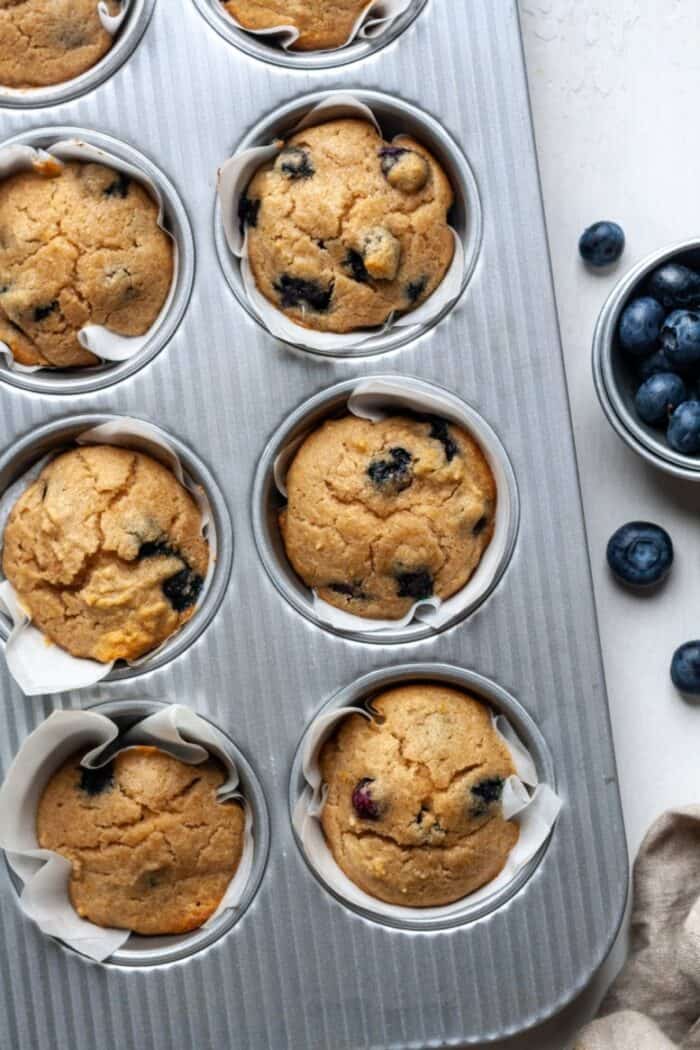 Cassava flour blueberry muffins in pan