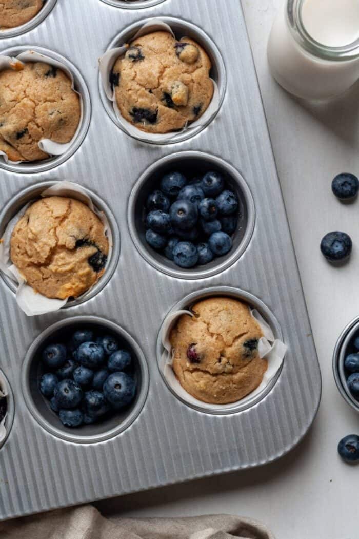 Gluten free blueberry muffins in pan