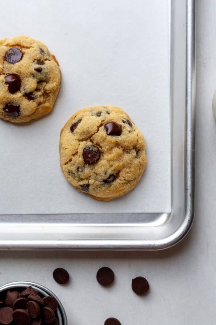 Chocolate chip cookies on baking pan