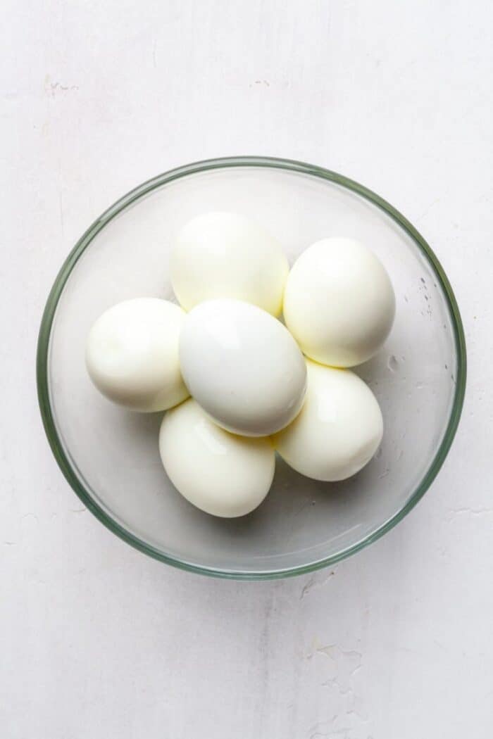 Peeled hard boiled eggs