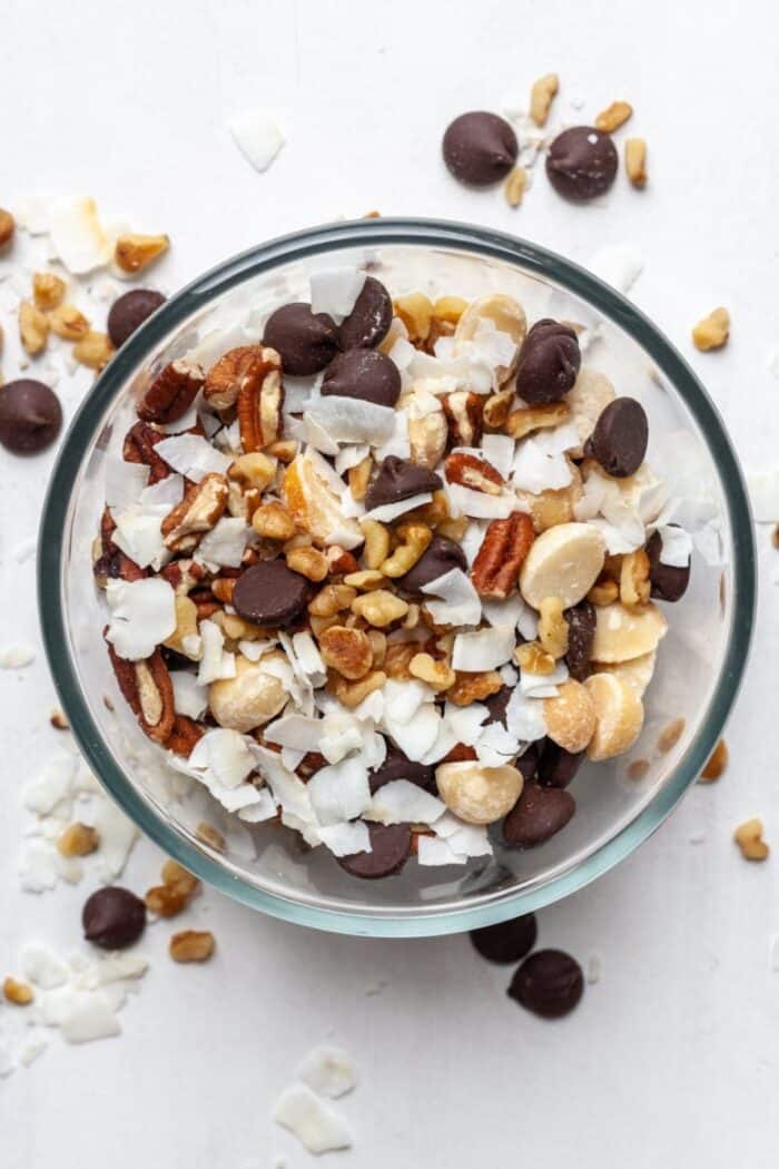Keto trail mix in a glass bowl