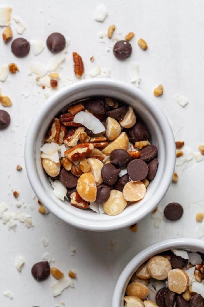 Trail mix in white bowl