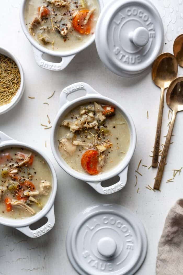 AIP chicken soup in white bowls