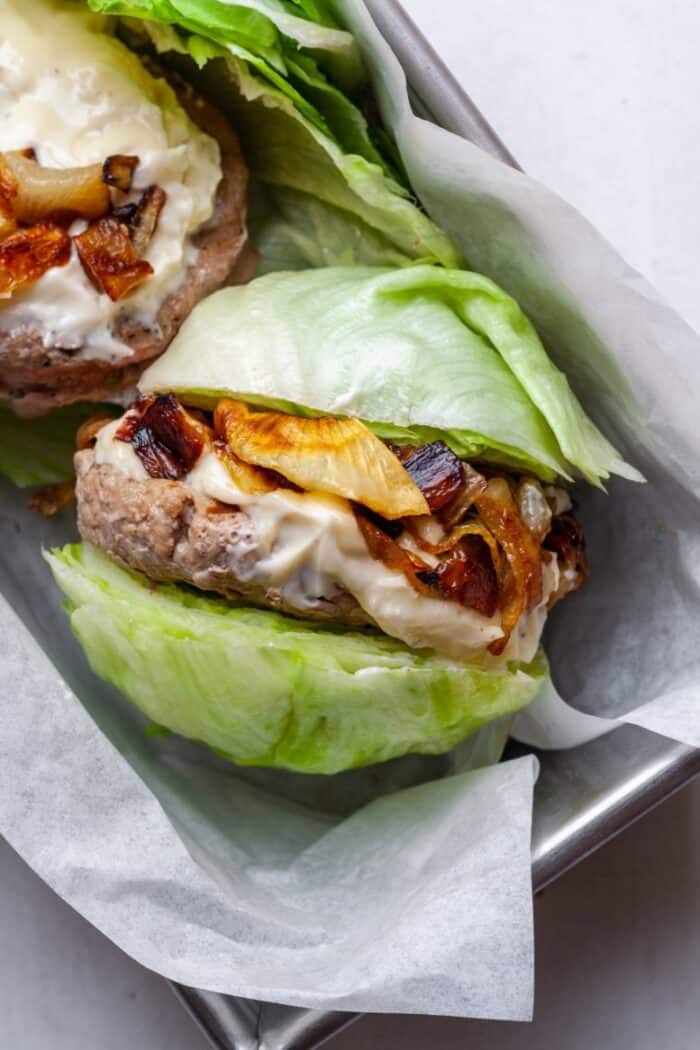 Keto turkey burger with lettuce and onions