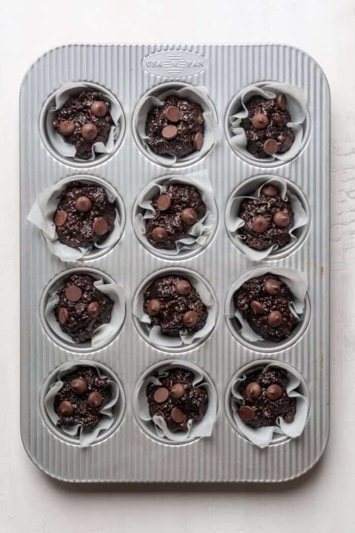 Double chocolate zucchini muffins in pan