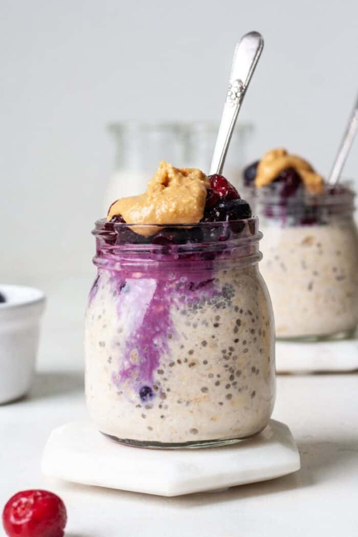 Oats with frozen fruit and peanut butter