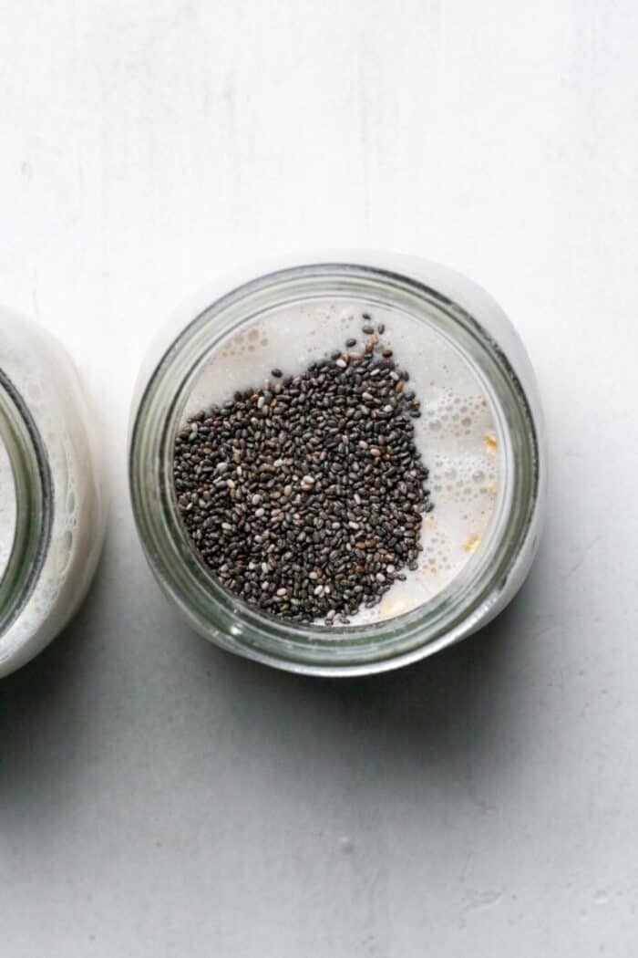Chia seeds with almond milk in jar