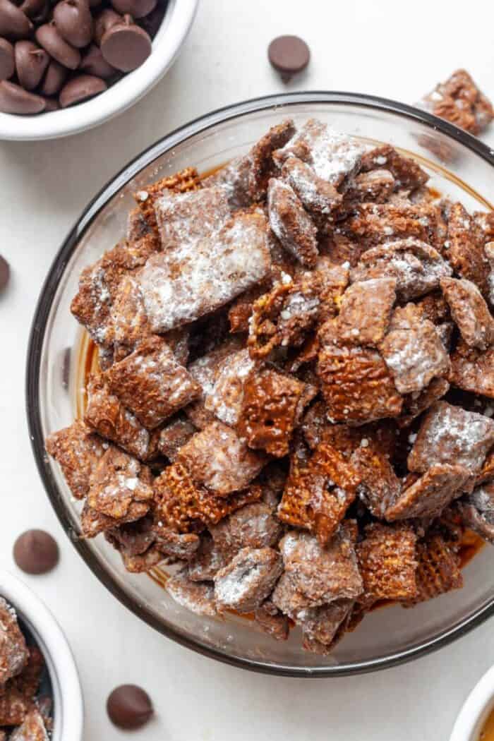Vegan puppy chow in bowl