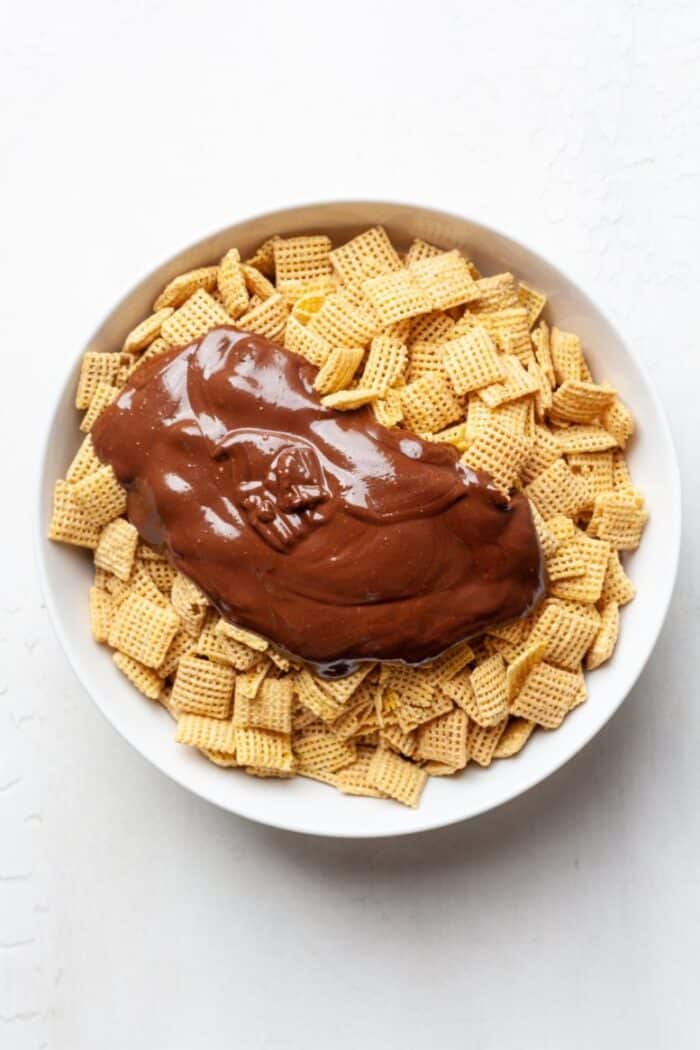 Chocolate covered Chex mix in bowl