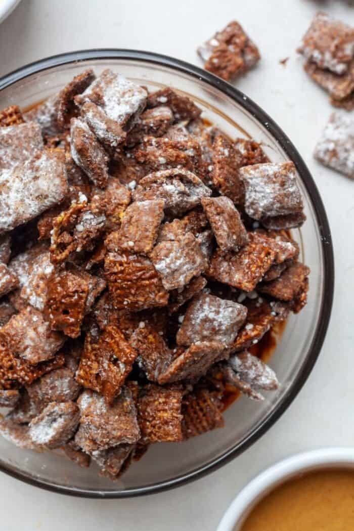 Chocolate Vegan puppy chow in bowl