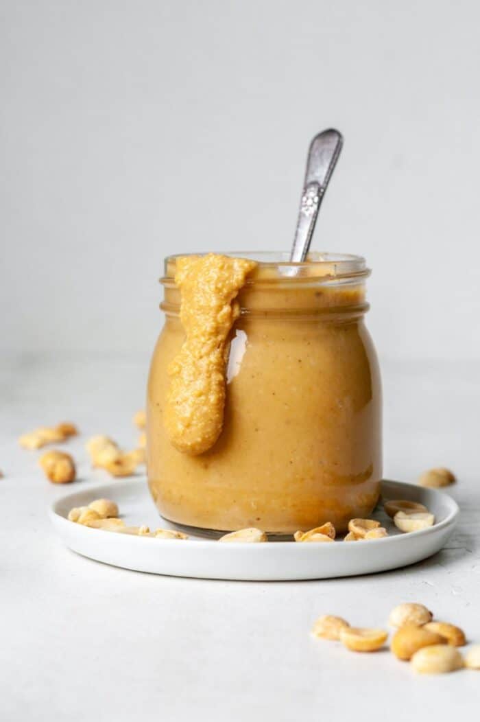 Homemade peanut butter in glass jar