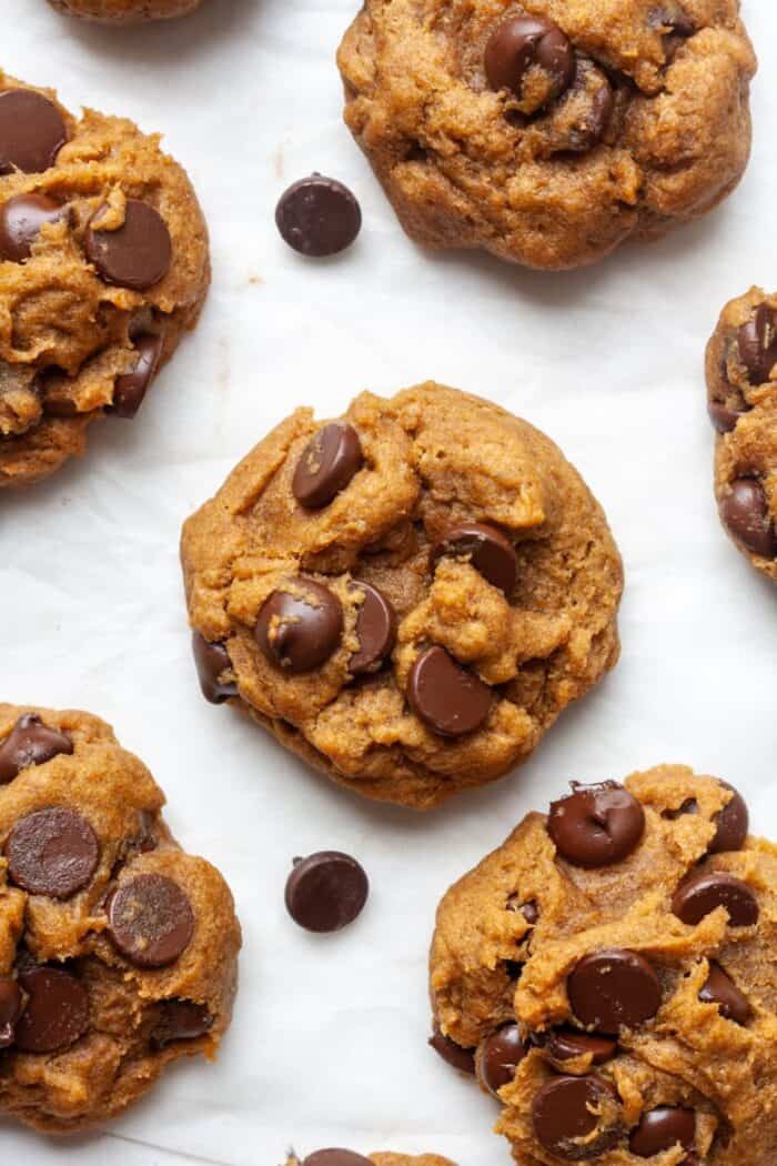 Vegan pumpkin chocolate chip cookies on pan